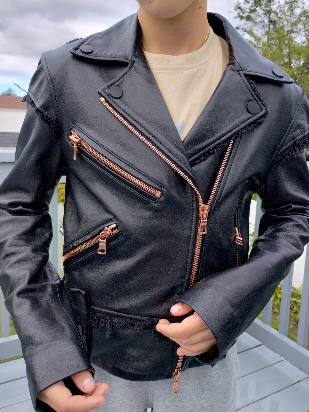 Amkie Lamb Skin Leather Moto Jacket with Rose Gold Zippers Small